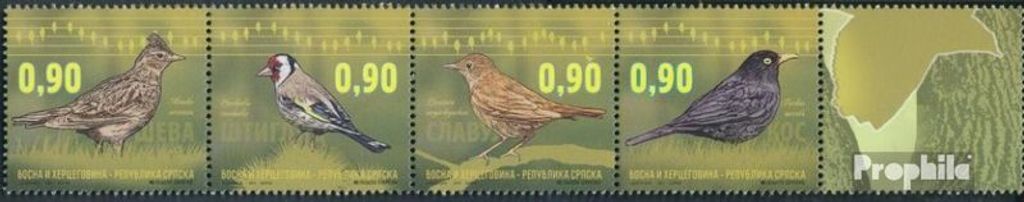 Briefmarken Bosnien - Serbische Republ. 2015 Mi 661-664 Fünferstreifen (kompl.Ausg.) postfrisch Vögel
