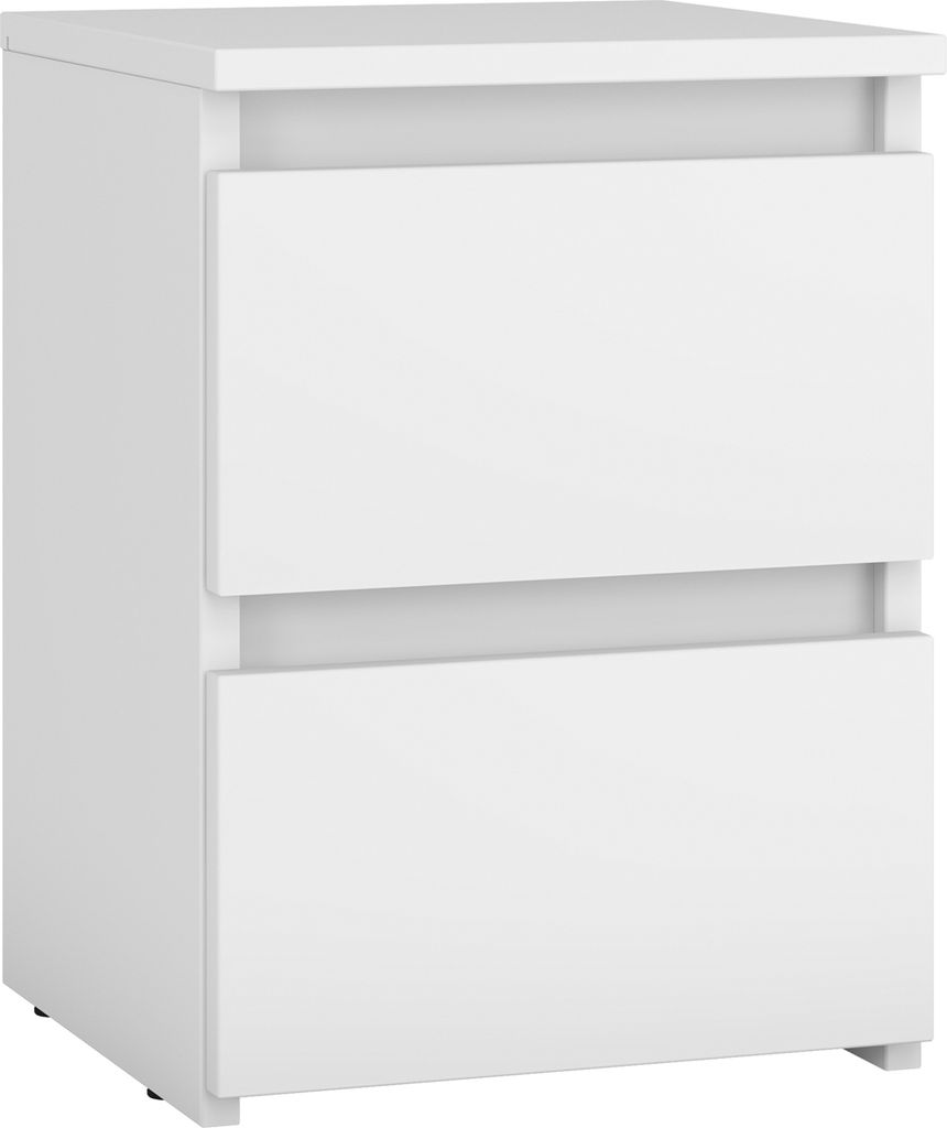 A white bedside table with two drawers.