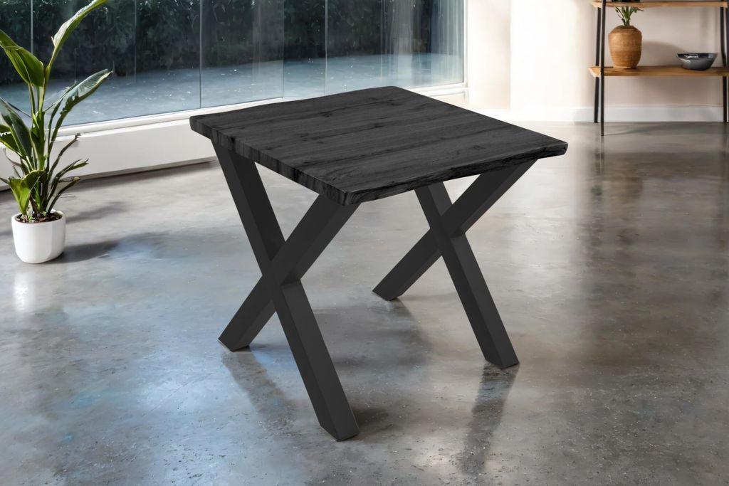 Esstisch Josy | 80 x 80 cm | Holz-Optik in Grau | X-Gestell Metall schwarz | 40 mm Tischplatte mit Baumkante | Tisch für Esszimmer & Küche