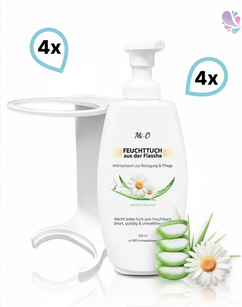 SET: Feuchttuch aus der Flasche 4x300 ml + 4x Wandhalterung, Intim Reinigungs- & Pflegeschaum