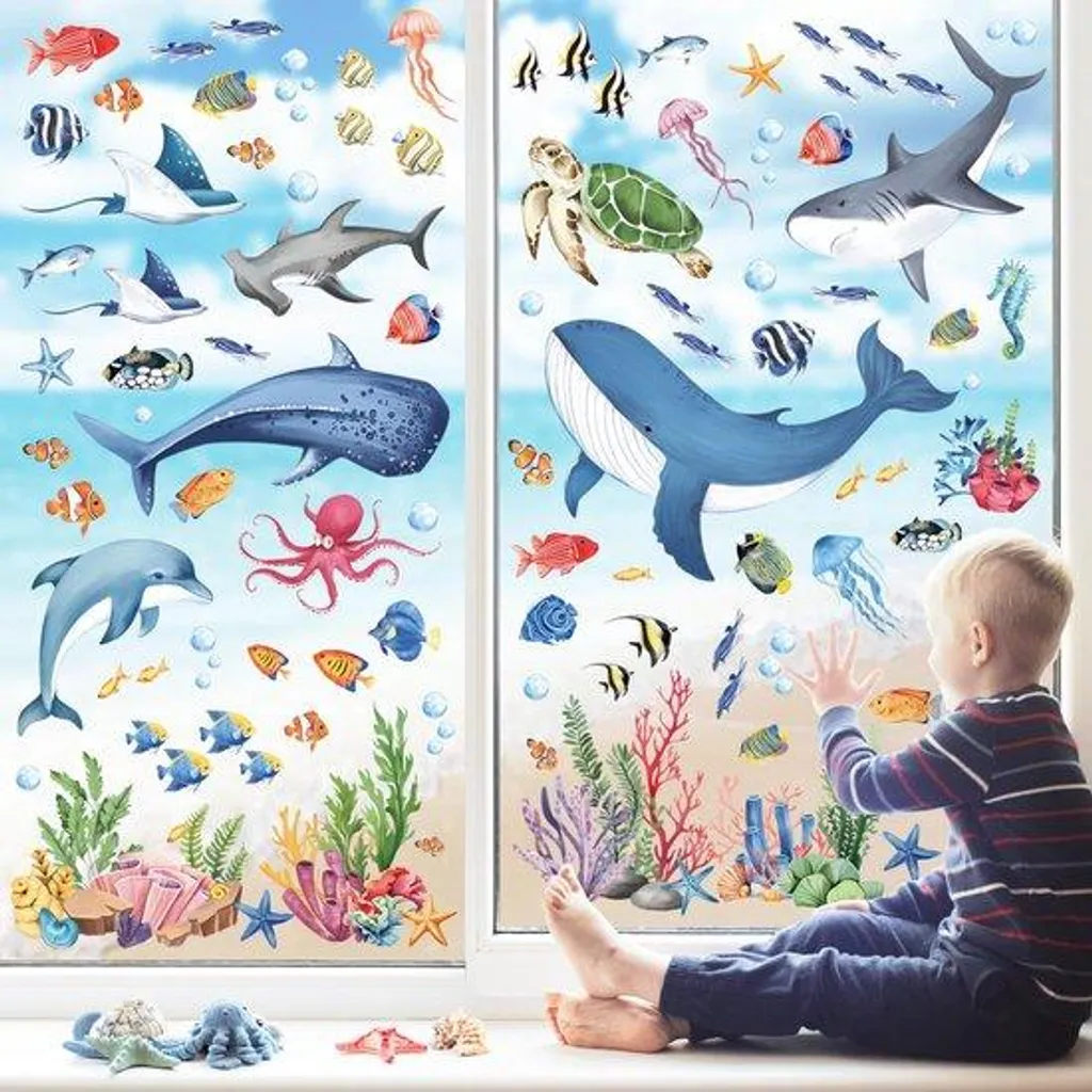 Décoration murale océan 3D : stickers baleines et poissons multicolores