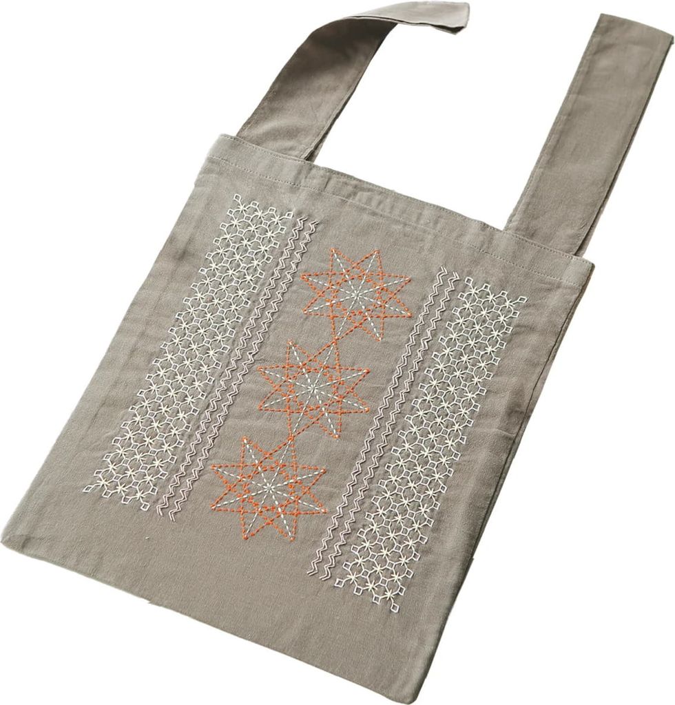 Olympus Sashiko Stickpackung "Tasche mit Beutel innen Star Lily", Stoff bedruckt, 40x32cm, Original aus Japan