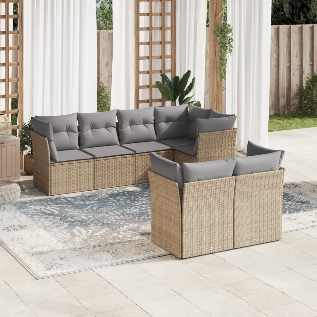 Design 7-tlg. Garten-Sofagarnitur mit Kissen Beige Poly Rattan, Gartenmöbel-Sets 2024