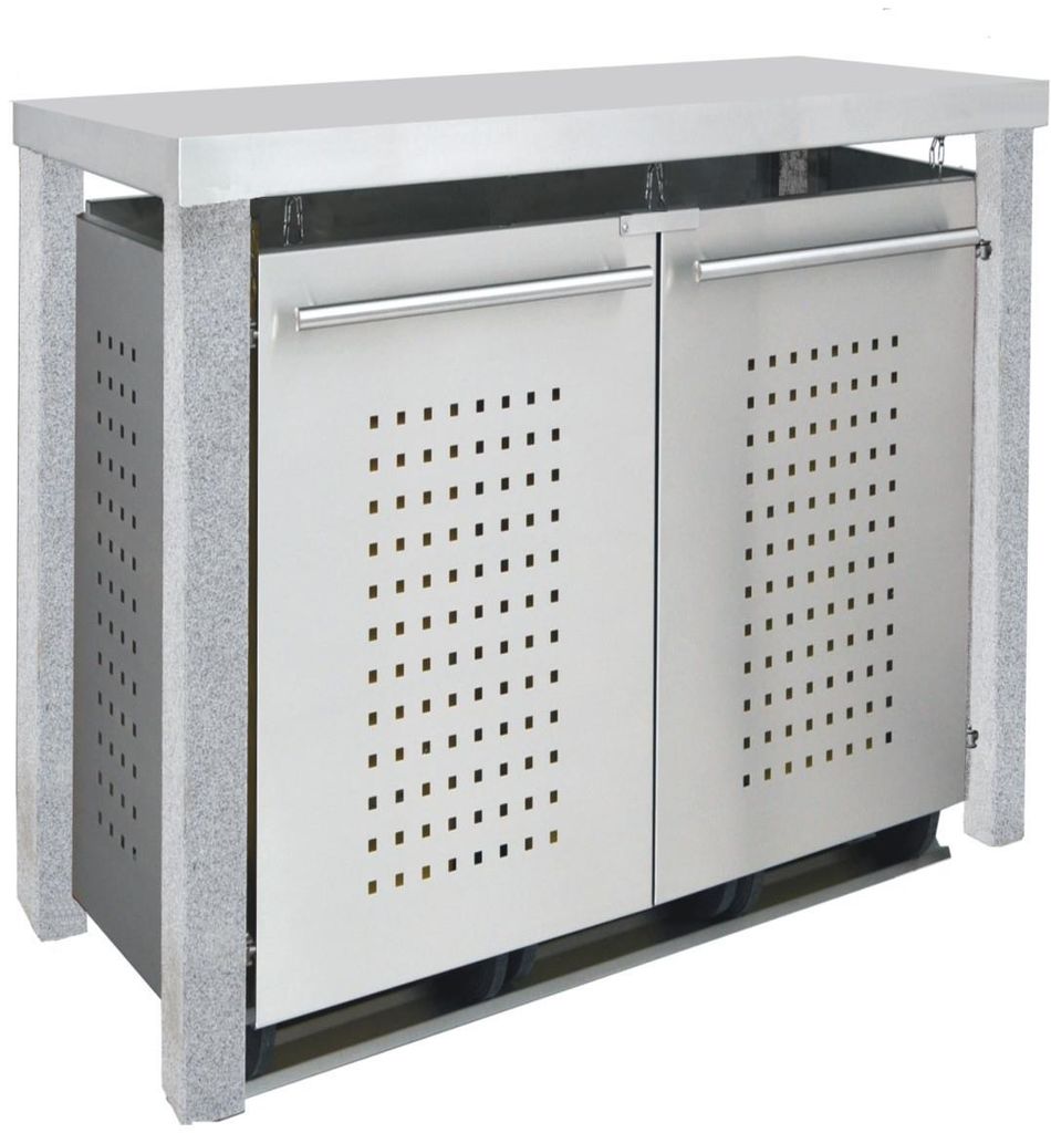 reinkeDESIGN | Mülltonnenverkleidung zweier 2x120L | Typ_SFlachdach, Stein-Pfosten, Seiten & Türen in V2A | für Reihenhaus, erstklassige Verarbe...