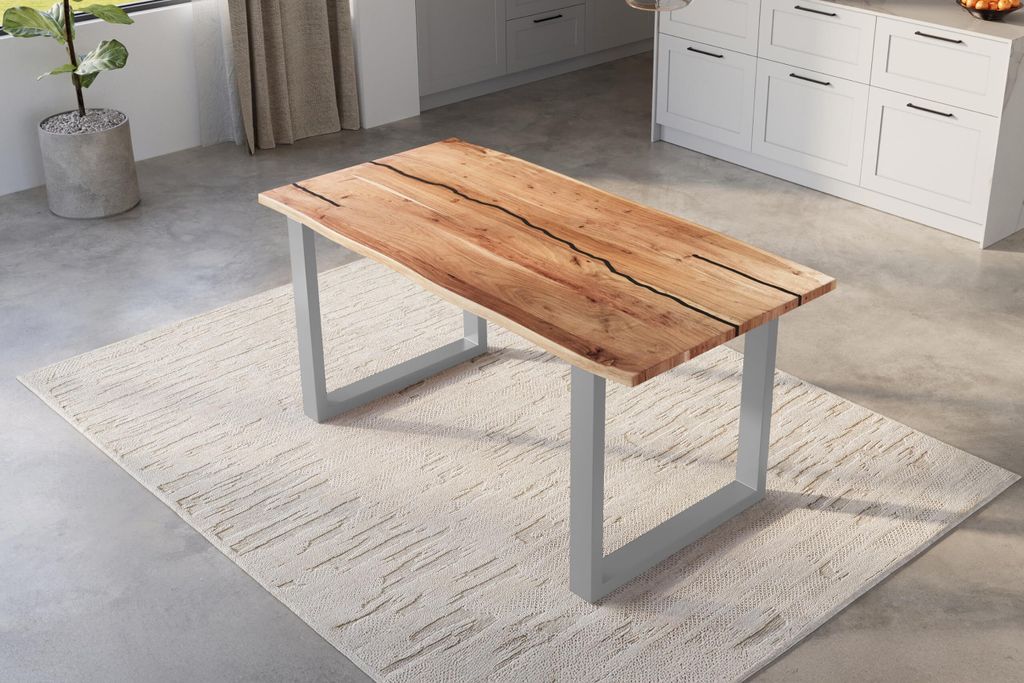 Baumkantentisch 180 x 90 cm Polly, Epoxidharz-Adern in Schwarz, Akazienholz massiv + naturfarben, Esstisch mit U-Eisengestell Silber, Tischplatte 2...