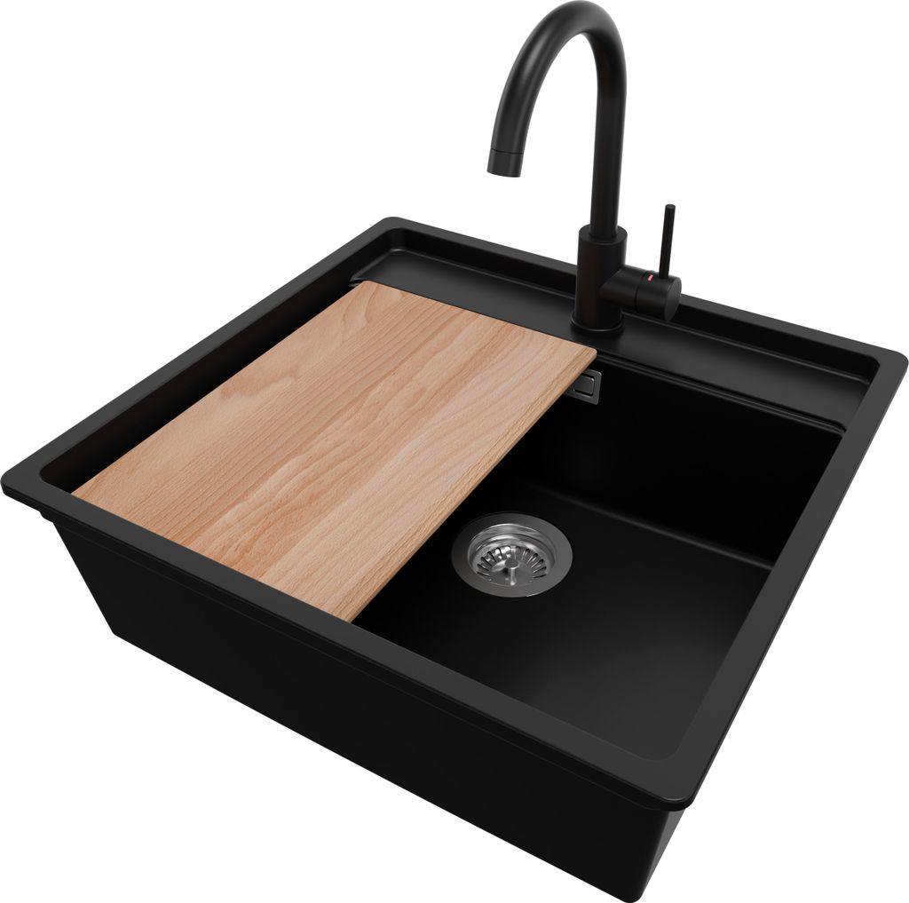 PRIMAGRAN Unterbauspüle Granit Schwarz 56x53cm, Spülbecken 1 Becken + Ablauf-Set + Küchenzubehörset, Granitspüle ab 60er Unterschrank - Bergen