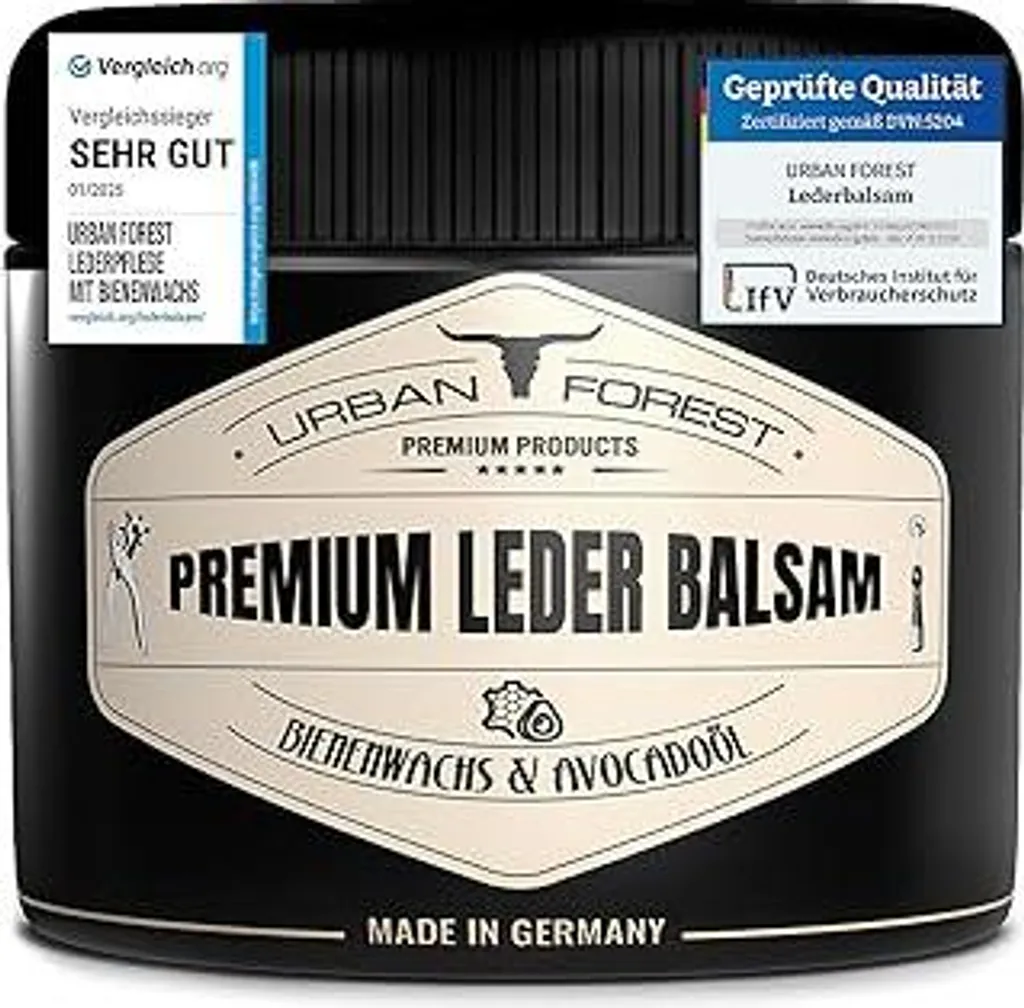 URBAN FOREST Prodotto per la cura della pelle con cera d'api e olio di avocado 250 ml per auto, divani, mobili, giacche, abbigliamento da moto, borse, divani in pelle, scarpe, selle per cavalli, grasso per pelle - Balsamo per pelle premium - 1