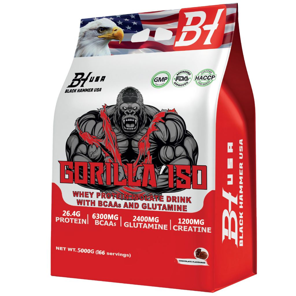 Gorilla ISO Whey 5 kg – Schokolade | 26,4 g Protein | Mit BCAA, Glutamin & Creatin | Muskelaufbau & Fitness | Black Hammer USA