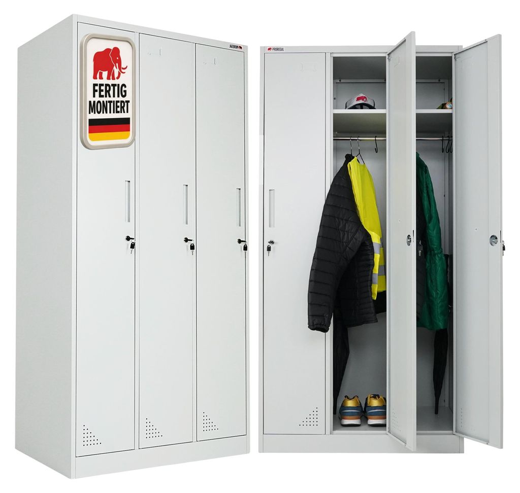 Spind Schrank ELEPHANT Metall komplett montiert | 3 Abteile, abschließbar | HxBxT 180x90x50cm | mit Kleiderstange, 2 Fächern & 3 Kleiderhaken pro...