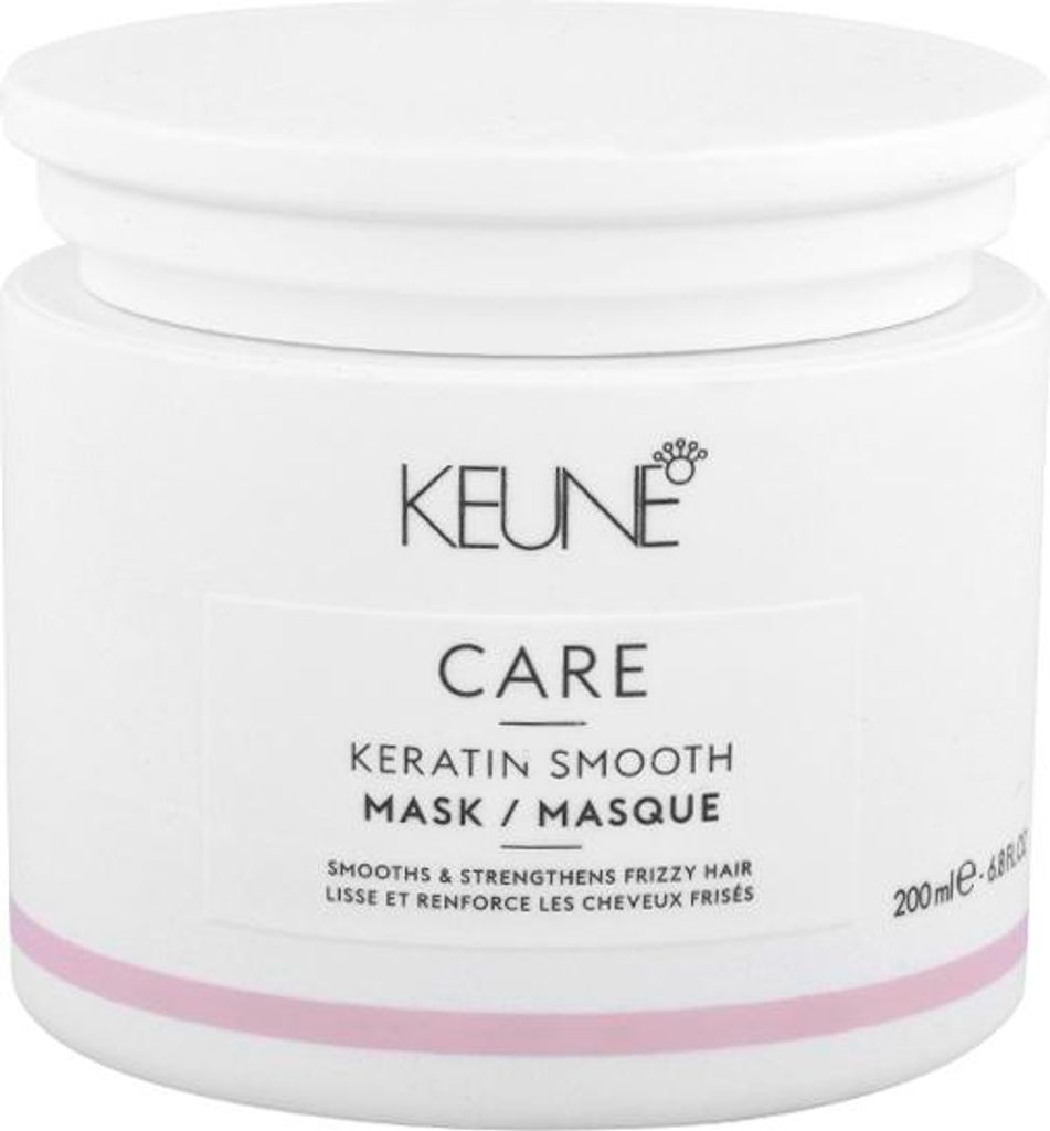 A white jar of Keune Care Keratin Smooth Mask with pink accents on the label.