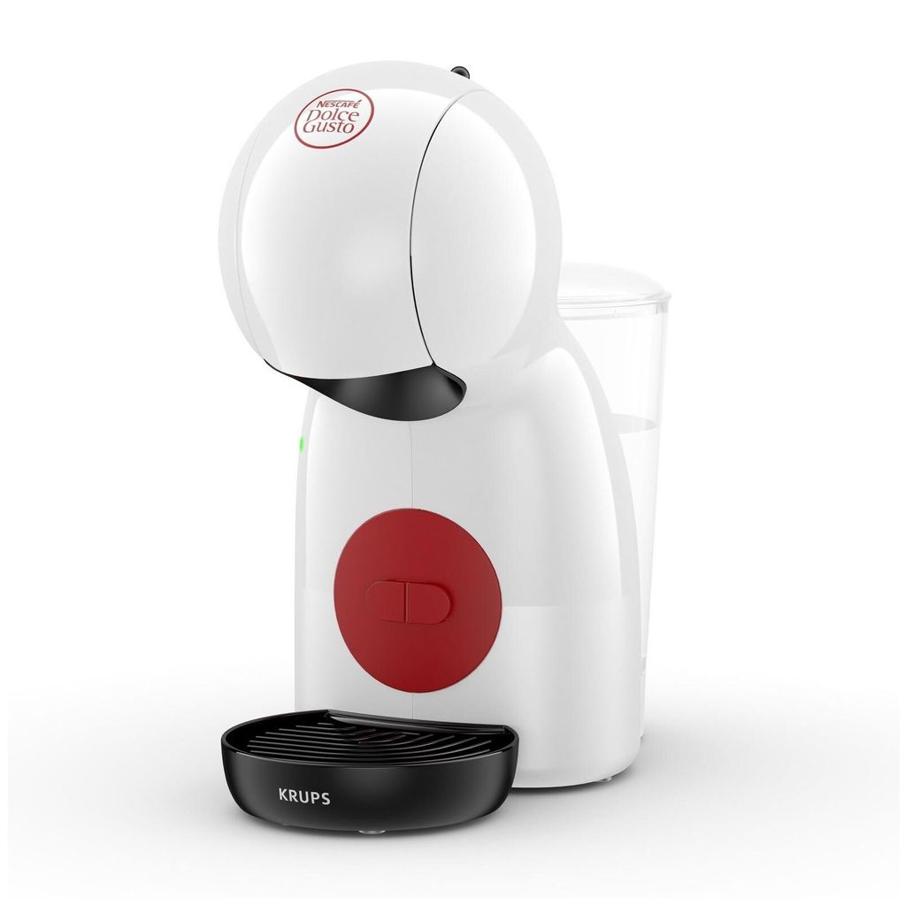 A white Nescafé Dolce Gusto coffee machine with a red circular button and a black drip tray.