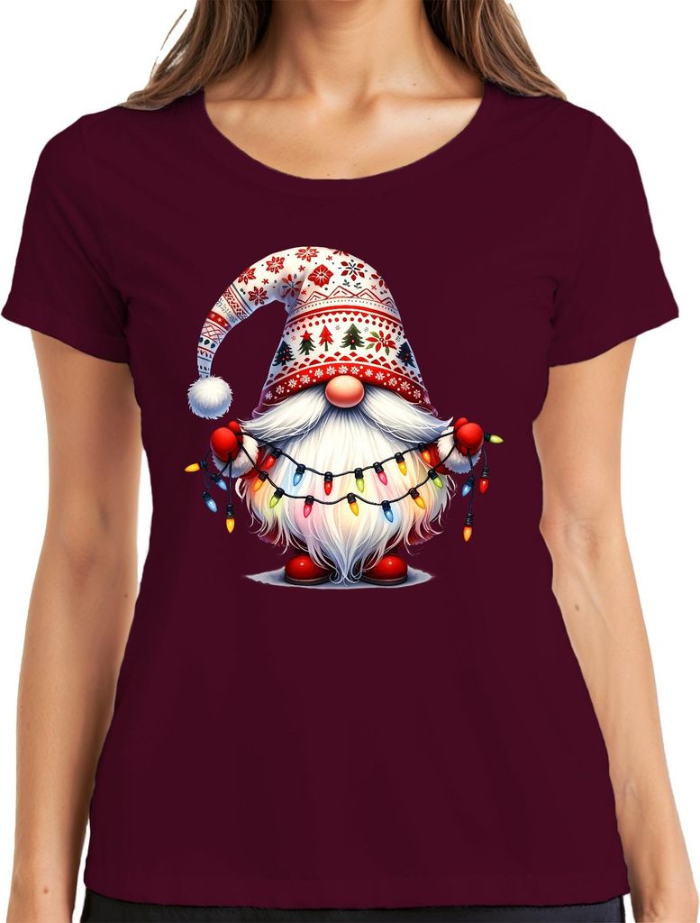 Niedlicher Weihnachtsgnom mit Lichtern und Stammtischmütze Zwerg Damen T-Shirt, Burgundy, L