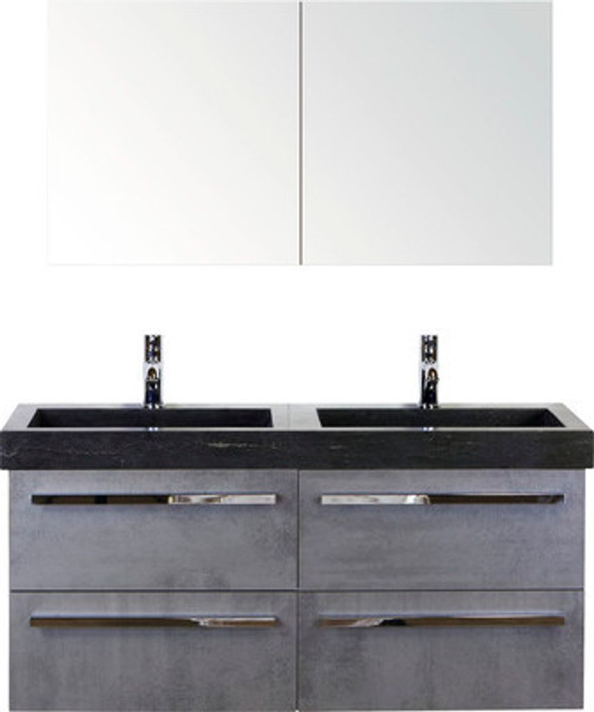Badmöbel-Set Seville 120 cm mit Doppelwaschwaschtisch Naturstein mit Spiegelschrank Beton anthrazit