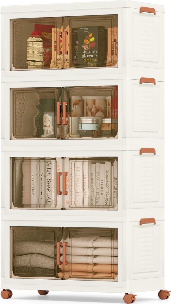 GOPLUS Aufbewahrungsbox mit Deckel, Ordnungsboxen stapelbar mit Rollen & Türen, Aufbewahrungsschrank aus Kunststoff, 68,5 x 37 x 140 cm,4 Ebenen
