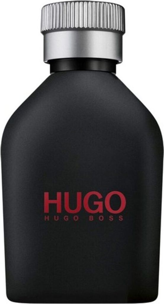 A black bottle of Hugo Boss perfume with a silver cap.