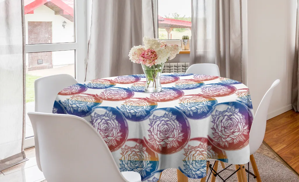 ABAKUHAUS Tovaglia rotonda in stile boho, stile ombre con luna e rosa, tovaglia circolare per decorare la sala da pranzo e la cucina, 150 cm, bianca e multicolore