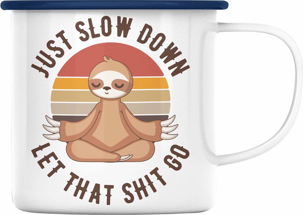 Trendation - Lustiger Spruch Yoga Geschenke Geschenkidee Faultier Lustige Sprüche Emaille Emaille Tasse für Frauen Lustig (Blau)
