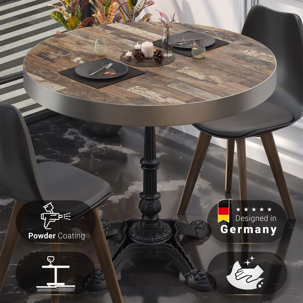 BPR | Bistro Tisch | Ø 70 x 77 cm | Rund | Edelstahl Rand | Vintage Old / Schwarz | Bistrotisch Gastro Tisch