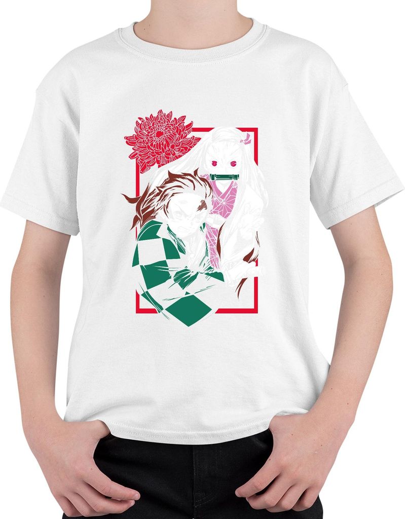 Kimetsu No Yaiba Tanjiro Nezuko Anime Dämonenjäger Katana Fan Uni Kinder T-Shirt, Weiß, 104