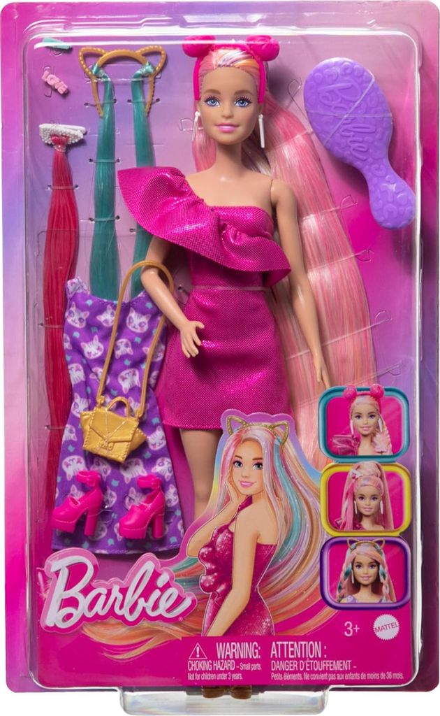 A Barbie doll in its retail packaging, showcasing various accessories and styling options.