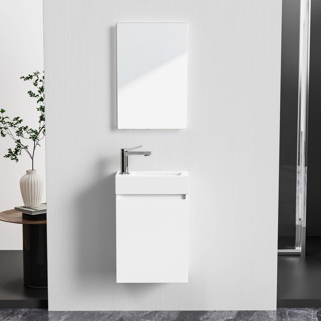 Belvit Badmöbel‐Set 40 cm mit MDF‐Unterschrank, glanz, Soft‐Close, umkehrbar, Handwaschbecken & Spiegel, kompakt für Bad & Gäste‐WC, wei...