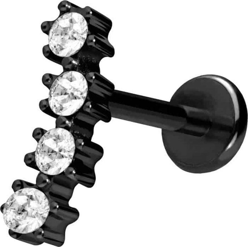 Ohrpiercing, Nasenpiercing Titan Labret mit Push Fit 4 EINGEFASSTE KRISTALLE Schwarz Stablänge: 10mm | Stabstärke: 1mm