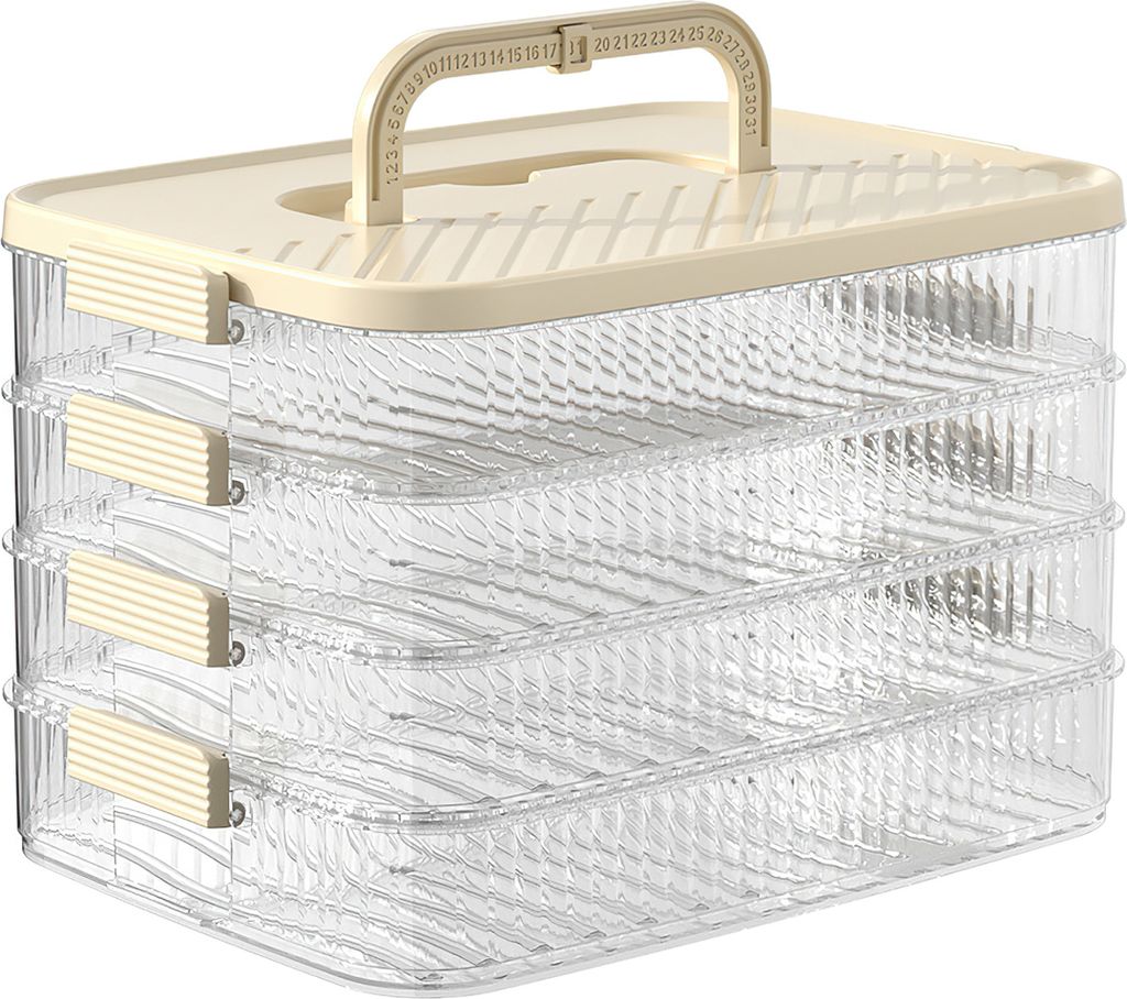 A multi-tiered food storage container with a handle on top.