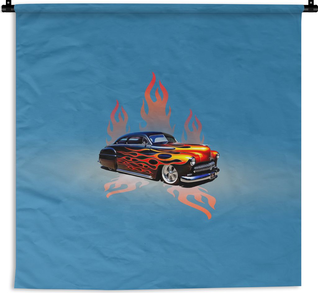 MuchoWow Wandteppich Wandbehang Auto - Flammen - Feuer - Blau - Vintage 150x150 cm Tapisserie Dekoration Wandtuch - Wohnaccessoires - Modernes