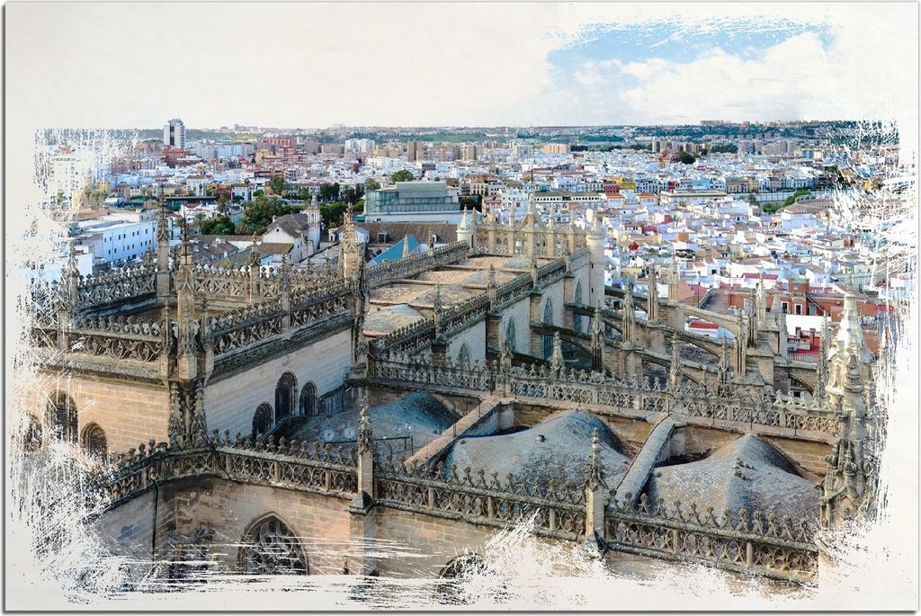 Kunstdrucke Wandbilder Holz in : Brillante Farben, Größe 60 x 90 cm Motiv Dächer von Sevilla