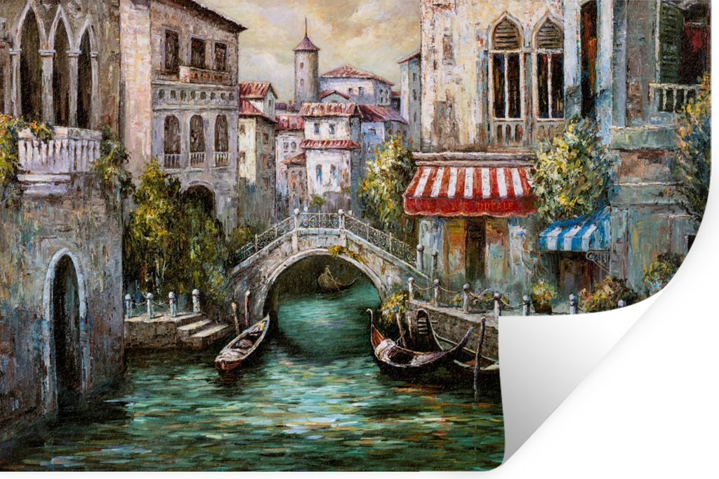 MuchoWow Wandtattoo Wandsticker Wandaufkleber Gemälde - Wasser - Italien - Boot - Architektur - Öl 90x60 cm Selbstklebend und Repositionierbar ...