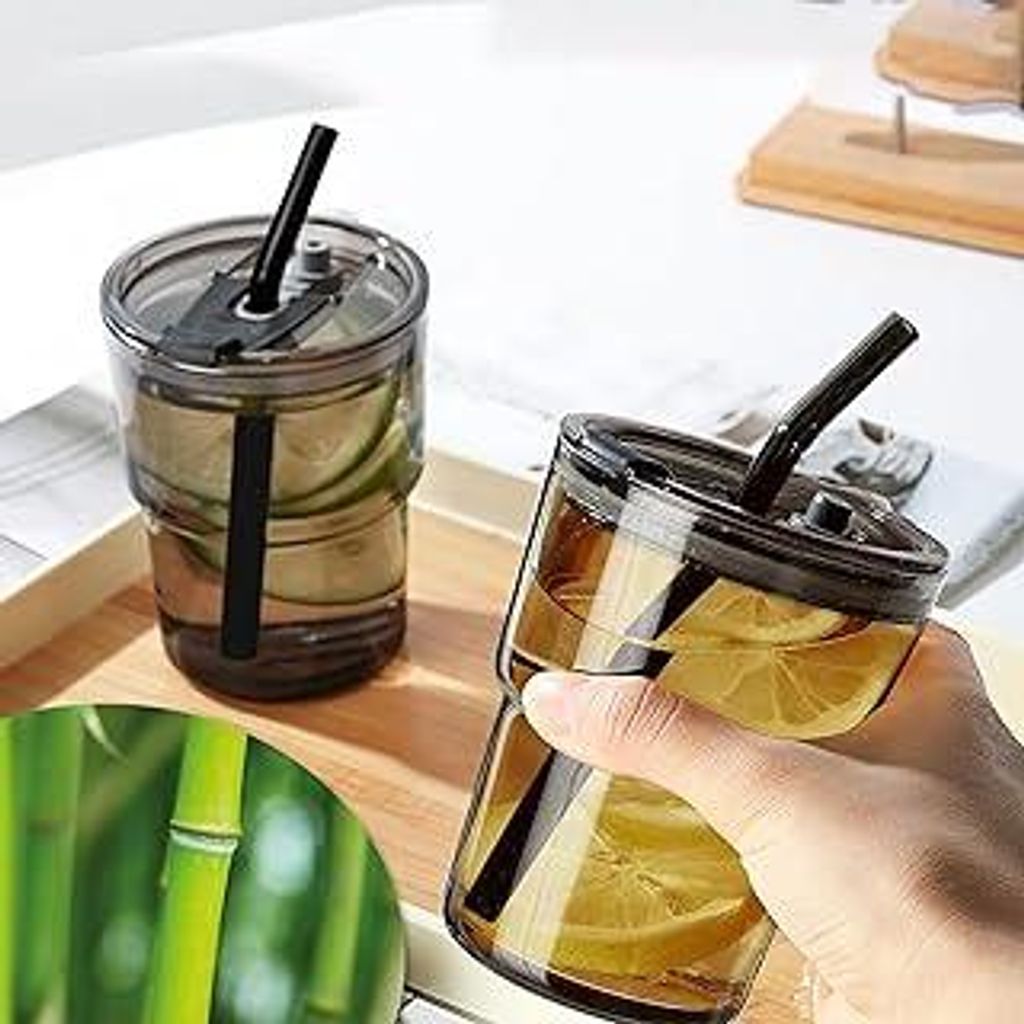 2 Stück 400ml Glasbecher mit Deckel und Strohhalm, Glas Smoothie Becher mit Strohhalm, Luftdicht Wasserdicht Design Kaffeebecher Travel Mug, Eiska...