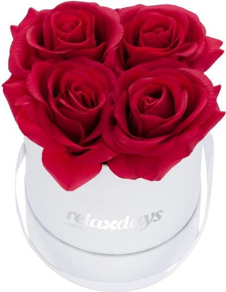 Weiße runde Rosenbox mit 4 Rosen