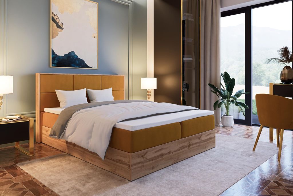 Marlux-Meble Leoni II Kontinentalbett 160x200 cm Modern Bequemes Hochbett Gepolstert Mit Matratze Und Zwei Bettzeugbehälter (Itaka 33 - Honigfarbe)