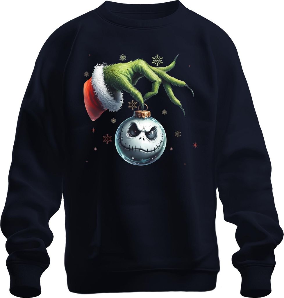 Grinch Hand Jack Skellington Weihnachtskugel düster Retro Uni Sweatshirt Pullover, Navy, XL