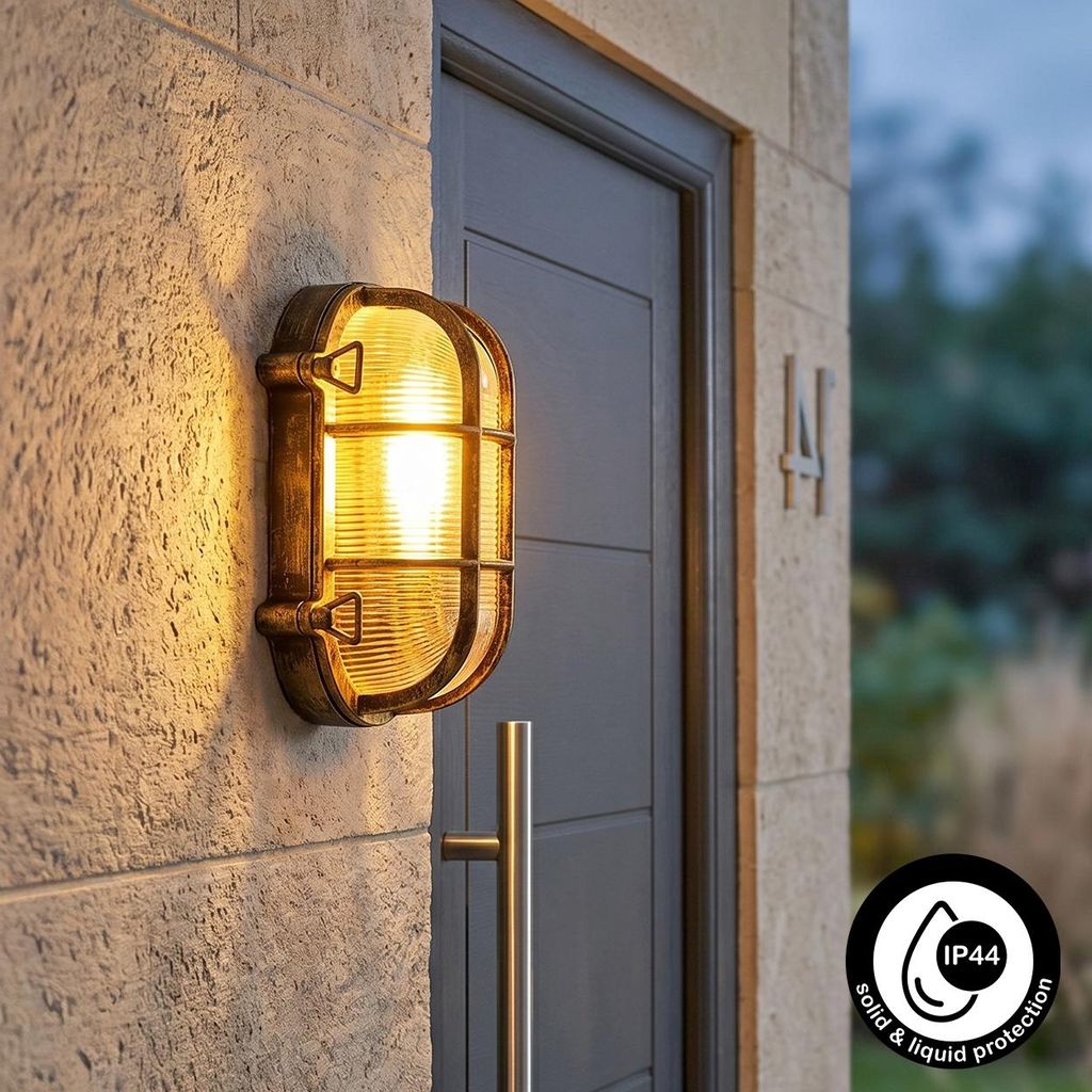Otranto Außenwandlampe aus Metall/Riffelglas in Schwarz/Gold/Klar