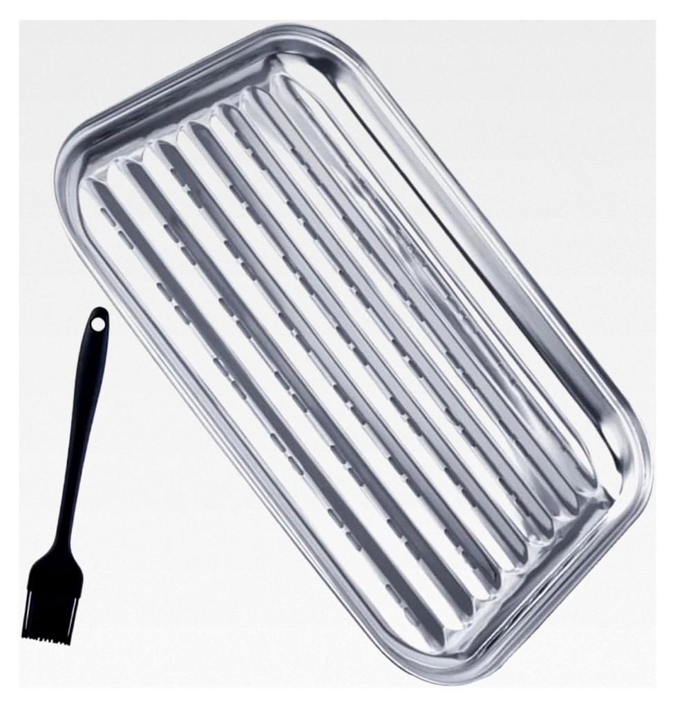 Edelstahl-Grillpfanne mit Serviertablett und Wellen-Design für Outdoor-Camping und Grillen, inklusive Abtropfschale und Drahtkorb für gesundes Gr...