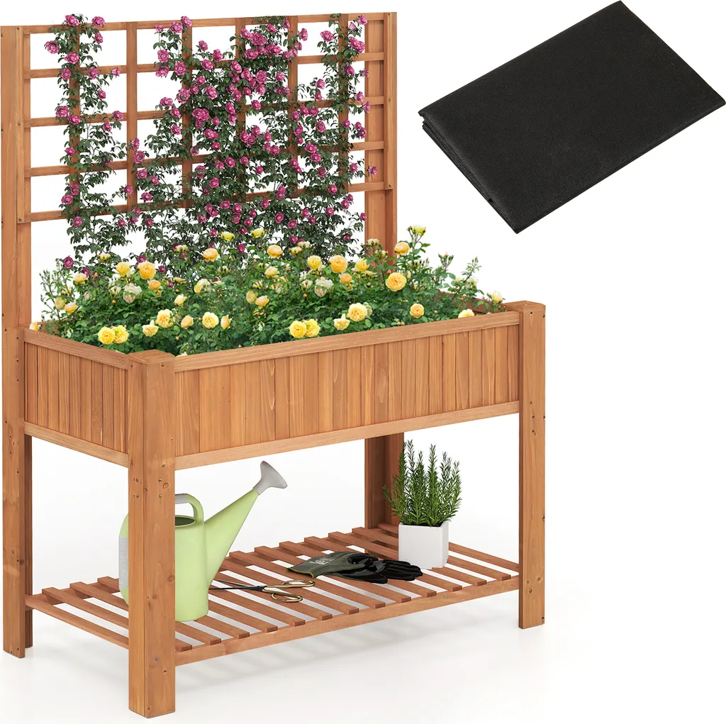 COSTWAY Jardinière surélevée en bois avec treillis et étagère basse