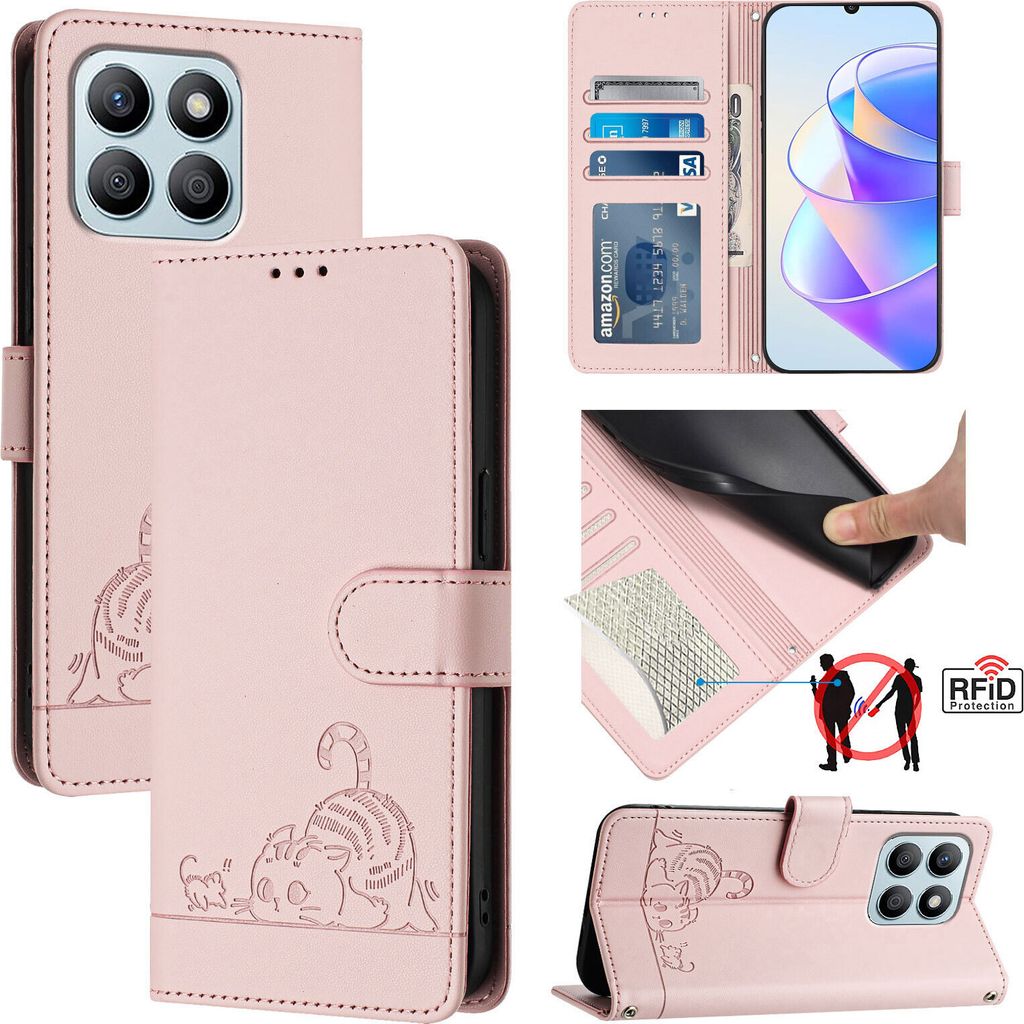 Leder Hülle für Honor X6a Süße Katze Flip Case Brieftasche Schutzhülle mit Standfunktion Pink