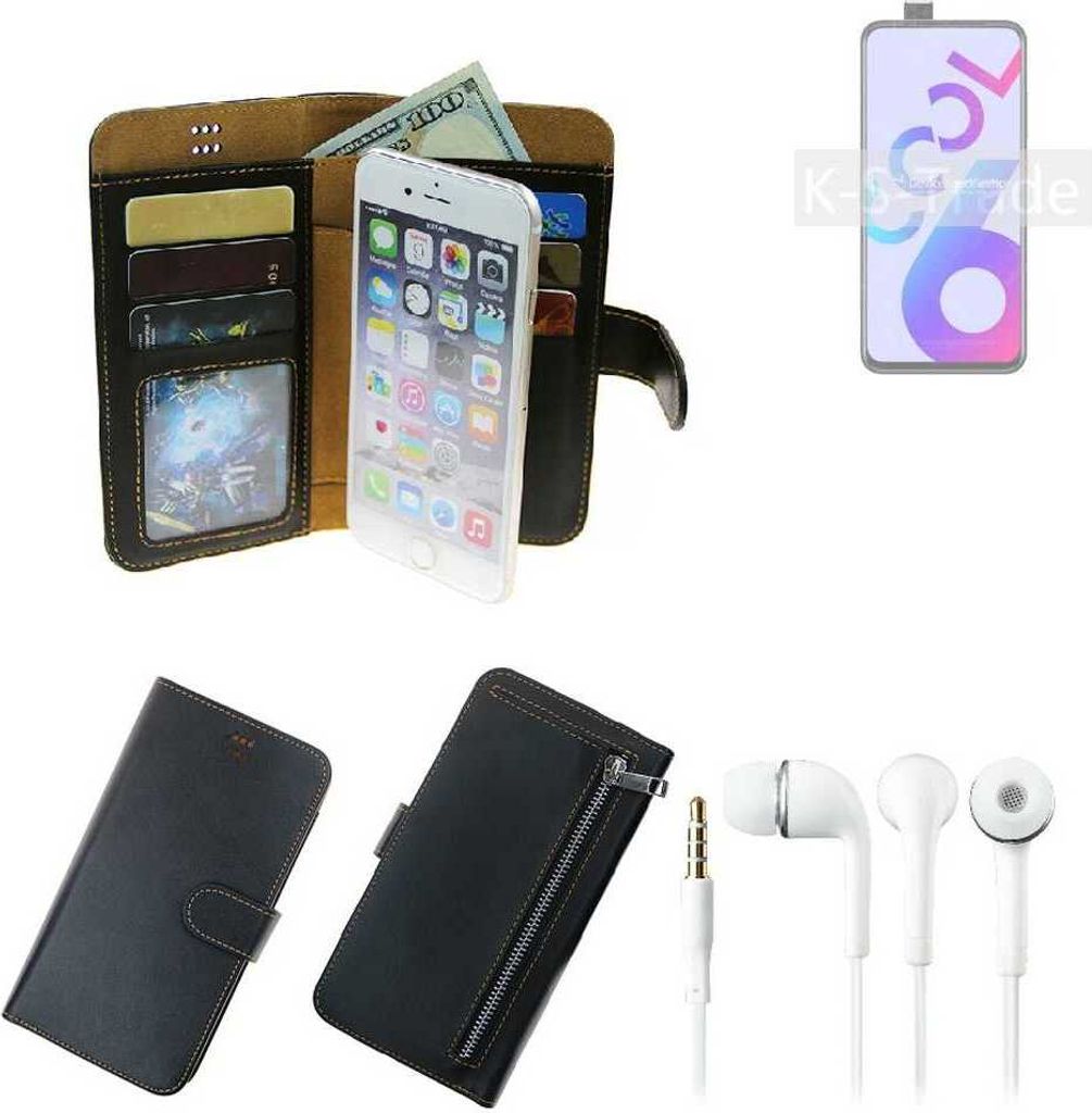 TOP SET Handy Hülle Schutz Hülle kompatibel mit Coolpad Cool 6 schwarz aus Kunstleder + Kopfhörer Smartphone Tasche vollwertige Geldbörse