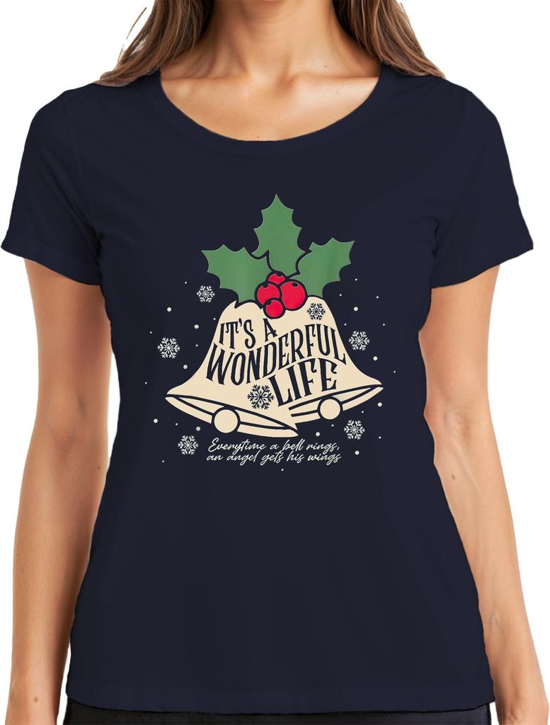 It's a Wonderful Life Christmas bells holly snowflake vintage Damen T-Shirt, Navy, XXL