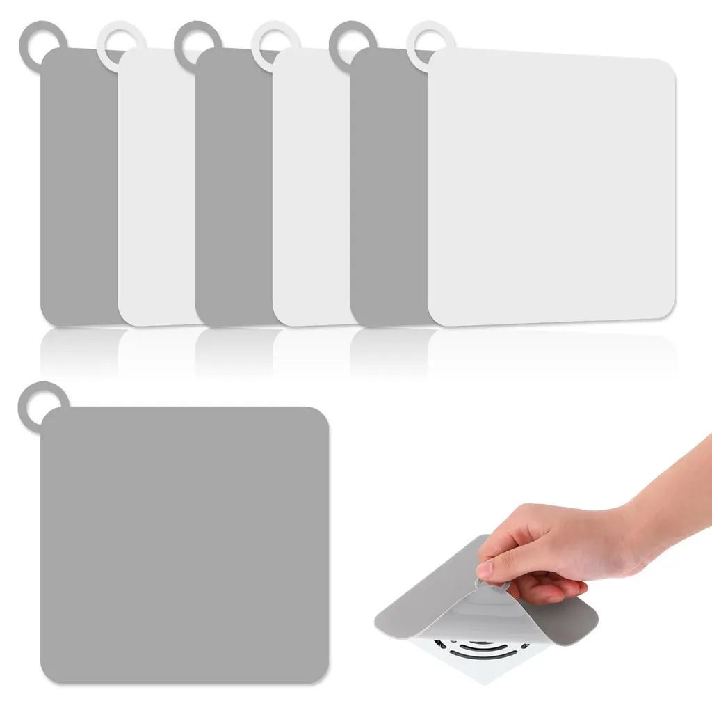 Cache-siphon douche en silicone 15x15 cm gris et blanc - Lot de 6 pièces