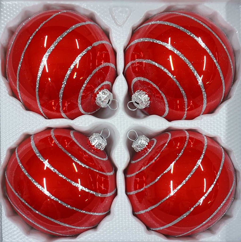 4 tlg. Glas-Weihnachtskugeln Set 8cm Ø in "Hochglanz Rot Candy" Silberne Spiralen