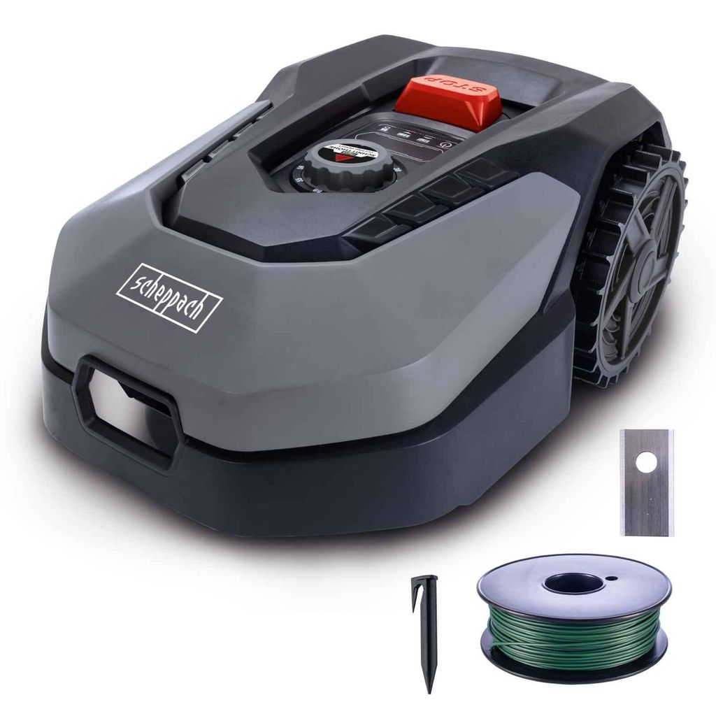 A robotic lawnmower with accessories on a white background.