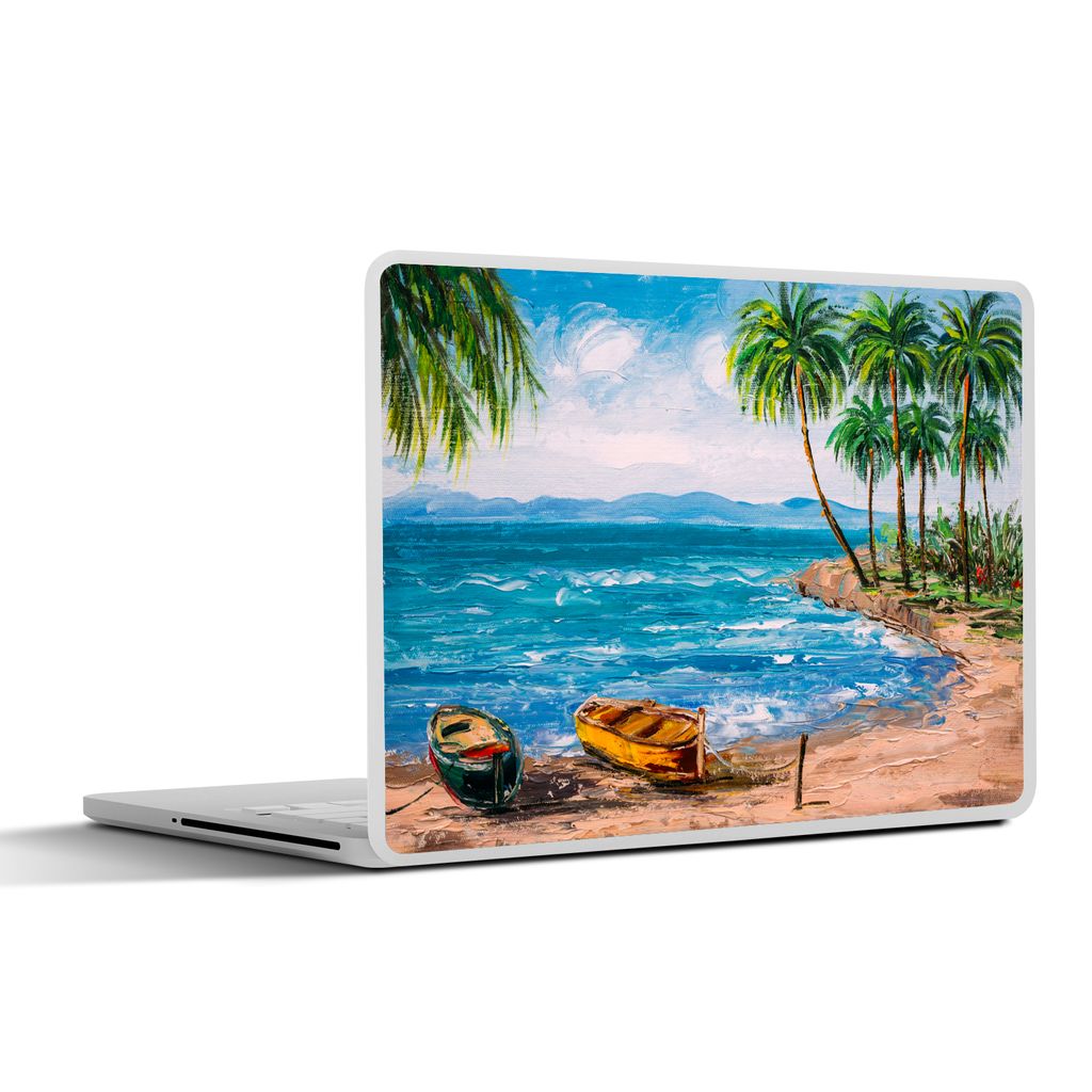 MuchoWow Laptop Aufkleber Sticker Cover Gemälde - Öl auf Leinwand - Strand - Palme - Boot 36.5x27.5 cm - Laptop-Sticker