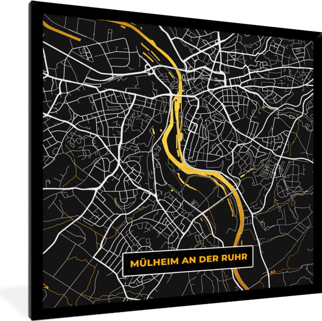 MuchoWow Gerahmtes Poster Mülheim an der Ruhr - Gold - Stadtplan - Karte - Deutschland 40x40 cm - Poster mit Schwarzem Bilderrahmen Wandposter R...
