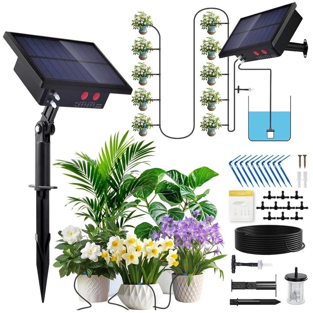 Solar Bewässerungssystem Automatisches Set, Automatische BewäSserung mit Timer und 15 Tropfer -15m Schlauch Solar Bewässerungssystem Garten