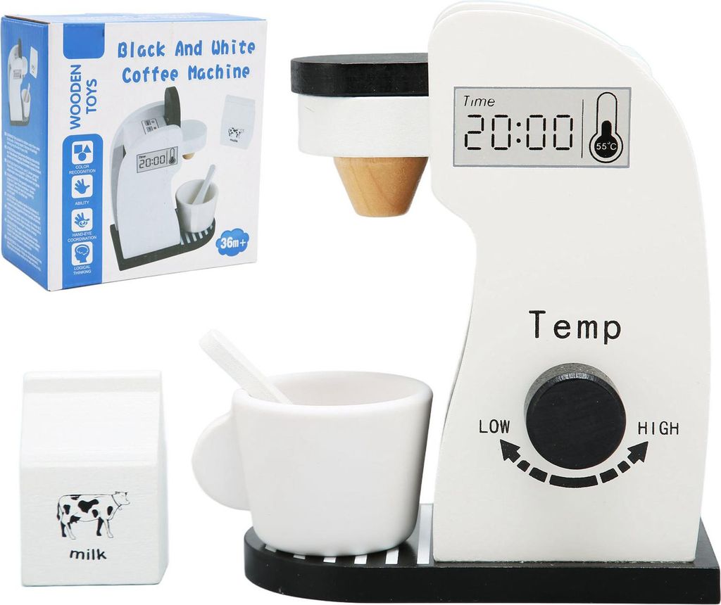 Kids Coffee Maker Playset Black White Rounded Edges Educational Wood Lebendes Kleinkindküche für Partyspiele