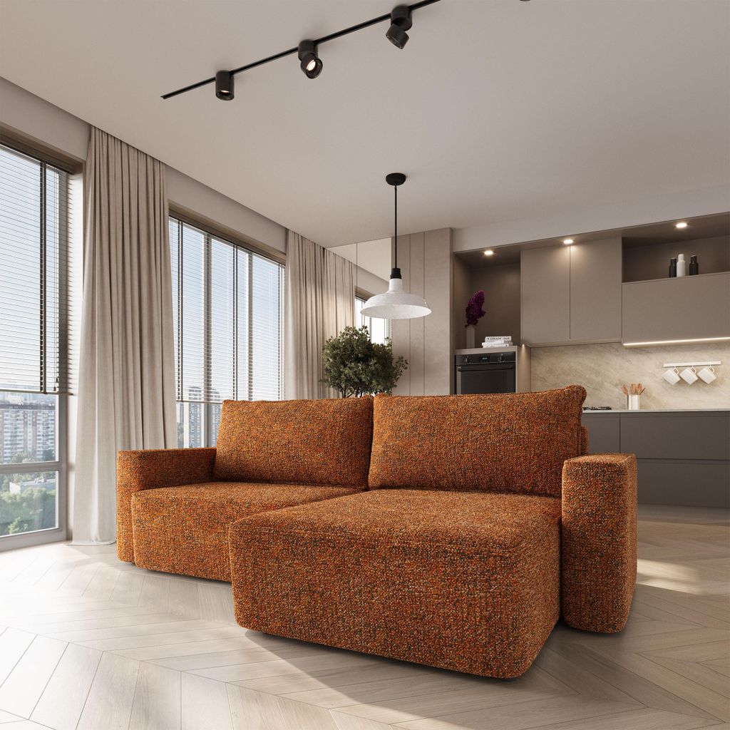 Masseno Ecksofa BELISE mit Schlaffunktion L-Form, Sofa mit Bettkasten, Wohnzimmersofa, Couch, Soffa, Bettsofa, Couchgarnitur- Orange, BELLA 40