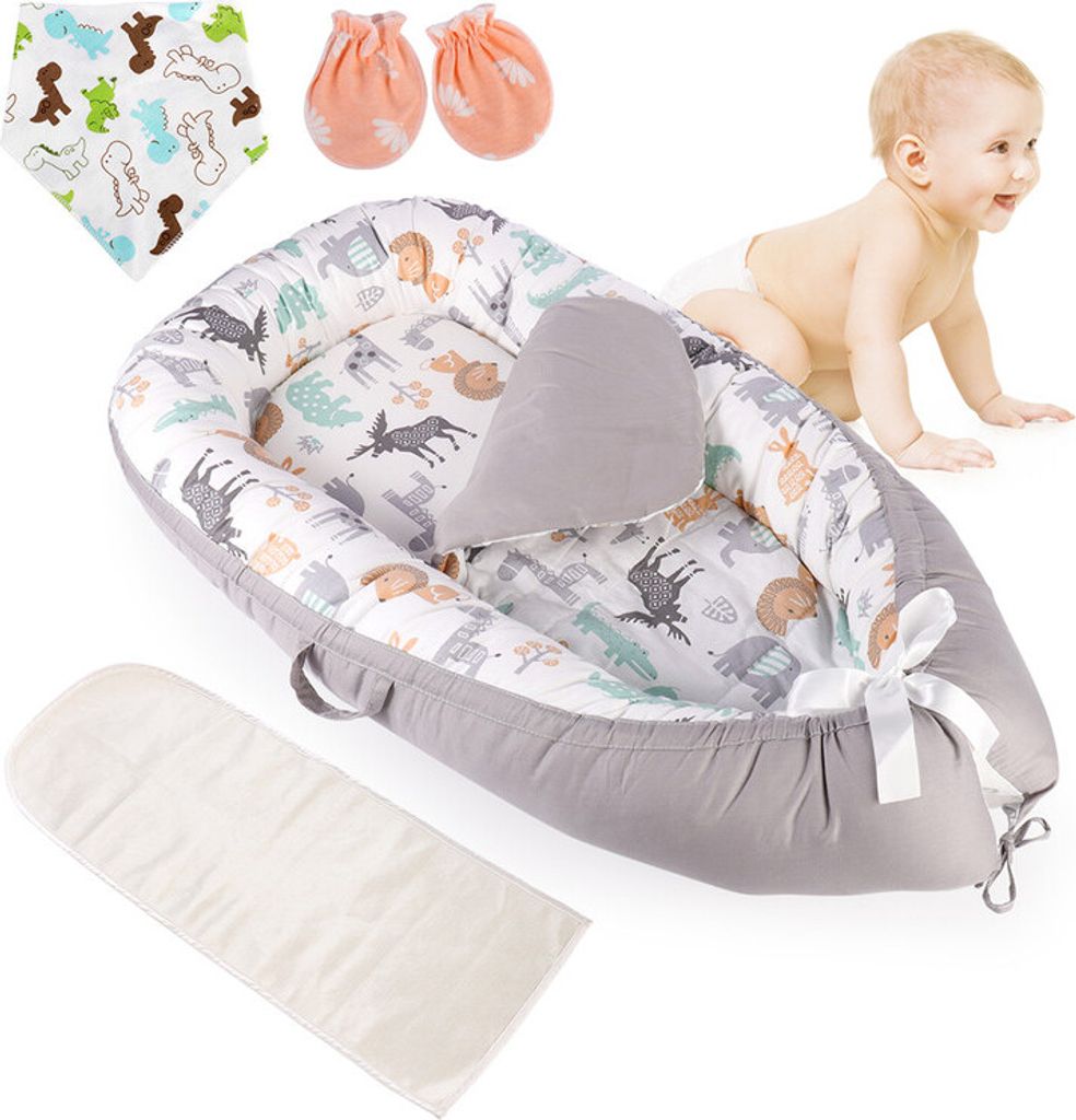 3 elements set-Baby Nestchen,Spucktücher, Handschuhe, Baby Nestchen für neugeborene Jungen und Mädchen, Bunte Tiere