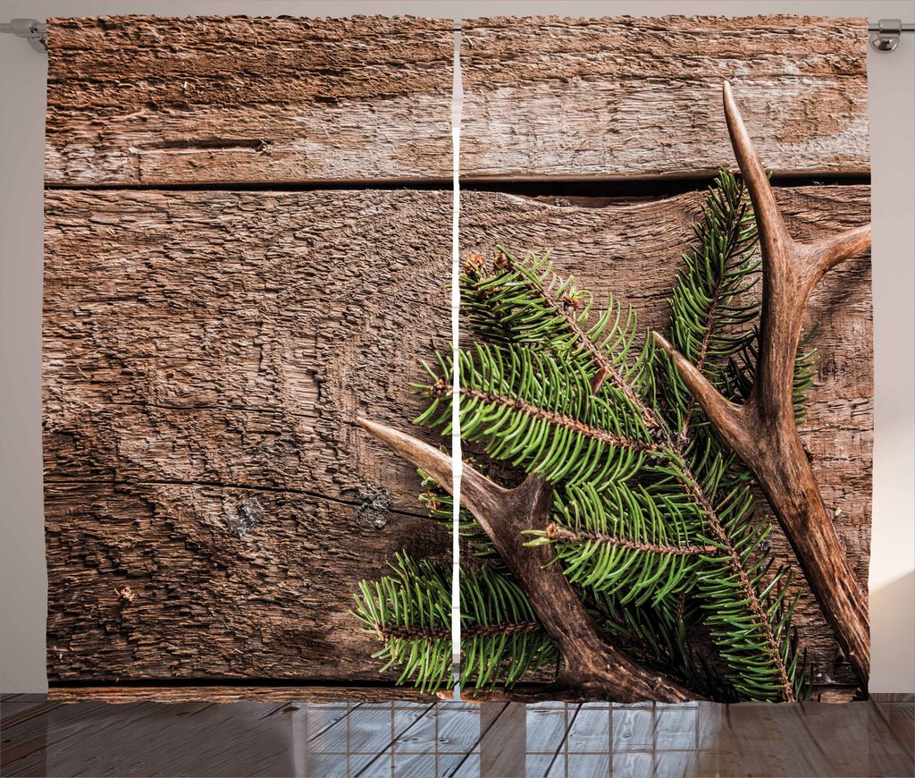 ABAKUHAUS Geweih Rustikaler Vorhang, Evergreen Zweig Deer, Wohnzimmer Universalband Gardinen mit Schlaufen und Haken, 280 x 245 cm, Farngrün Umbra...